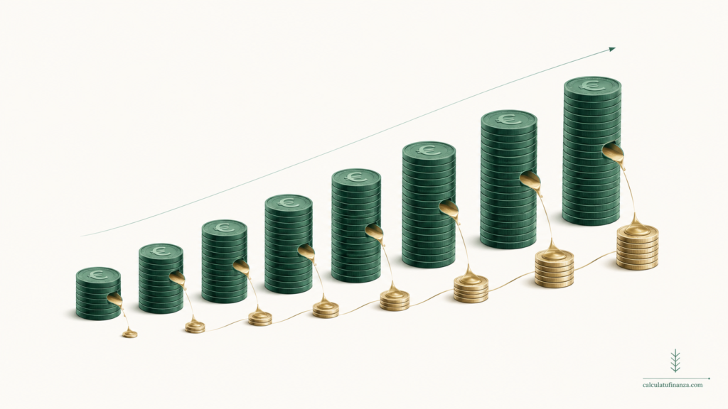 Ilustración de cómo las comisiones anuales van restando una parte del ahorro acumulado a largo plazo