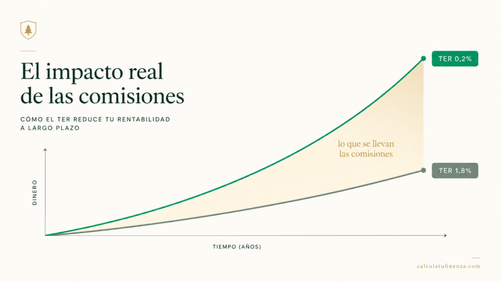 Gráfico del efecto del TER: la diferencia entre una comisión del 0,2% y del 1,8% a largo plazo