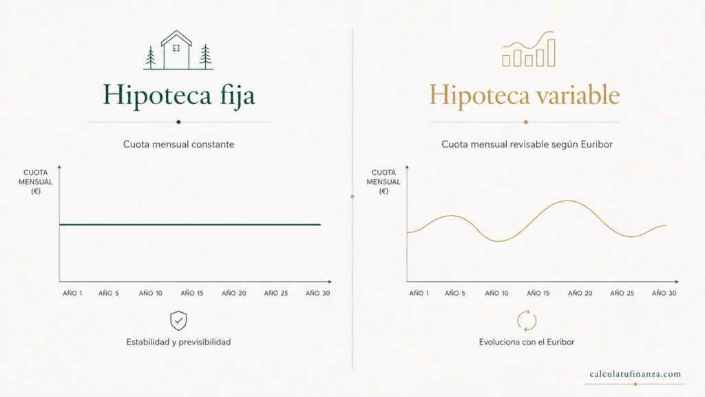Comparación entre hipoteca fija, con cuota constante, e hipoteca variable, que se revisa según el Euríbor