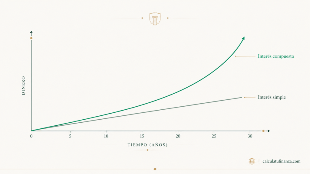 Gráfico comparativo entre interés simple e interés compuesto: la curva del interés compuesto crece mucho más rápido a largo plazo