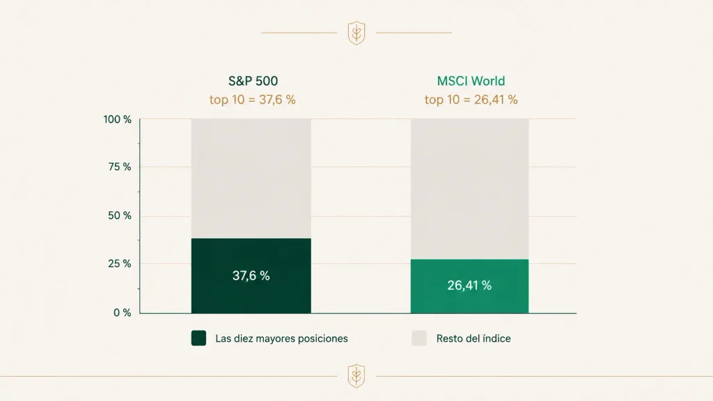 Las diez mayores posiciones pesan un 37,6 % en el S&P 500 y un 26,41 % en el MSCI World
