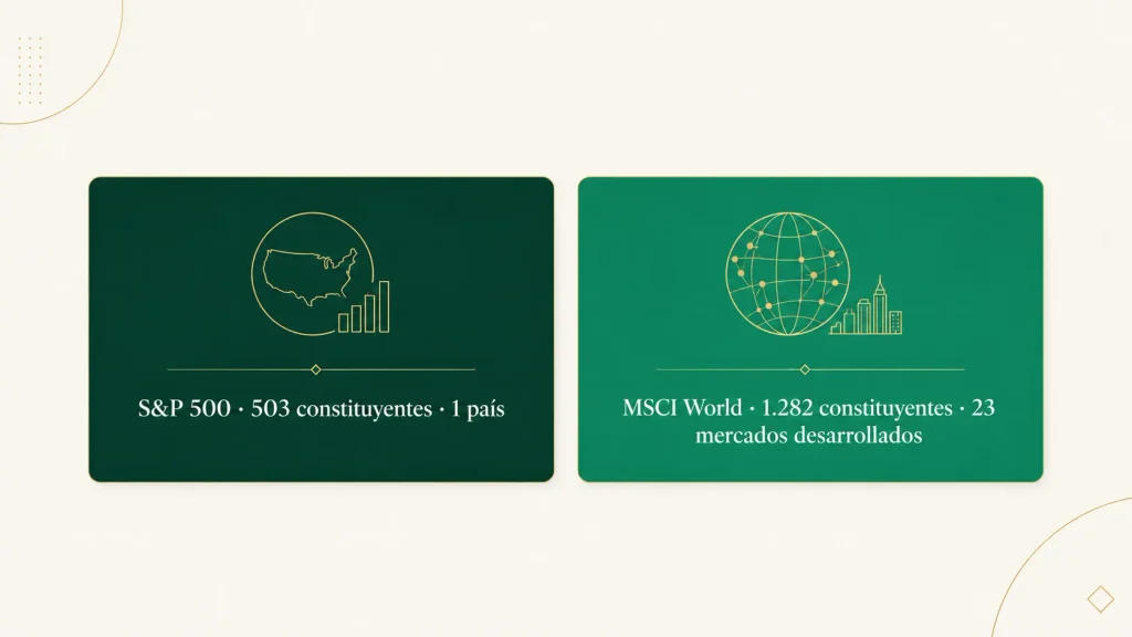 El S&P 500 tiene 503 constituyentes de un país y el MSCI World 1.282 de 23 mercados desarrollados
