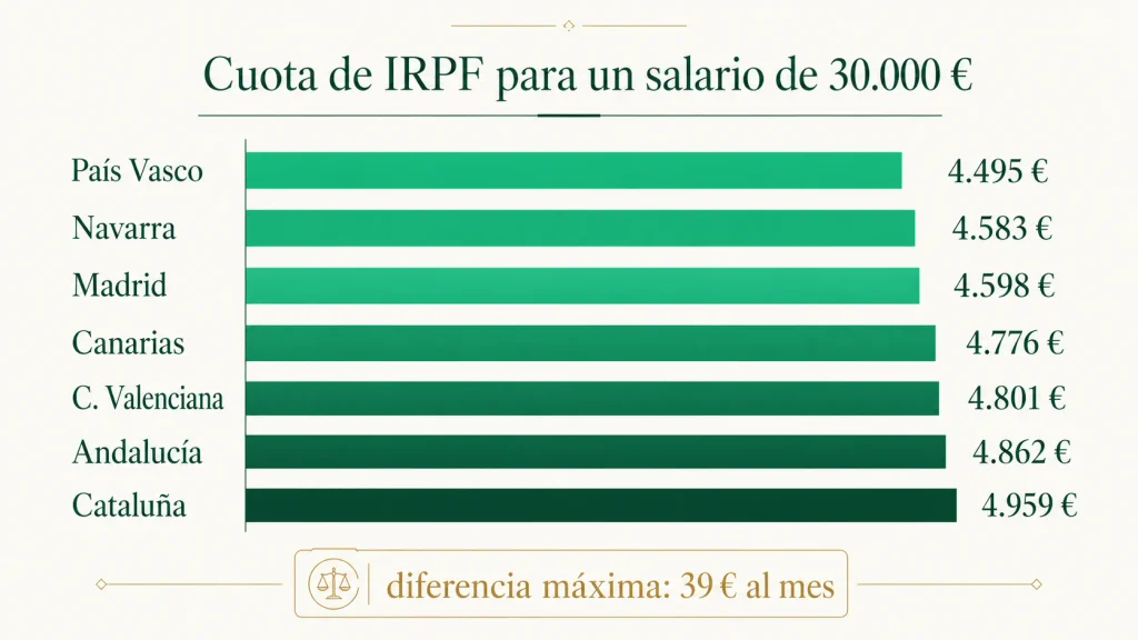 Cuota de IRPF de un salario de 30.000 euros en siete territorios españoles en 2026