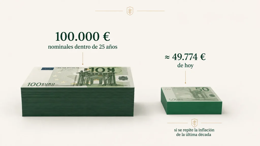 Con la inflación de la última década, 100.000 euros dentro de 25 años comprarían lo que hoy 49.774 euros