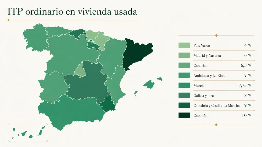 Mapa del tipo ordinario de ITP en vivienda usada por comunidad autónoma en 2026